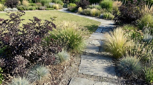 Black lace elderberry shrub with dark purple foliage in a beautifully landscaped garden with a stone walking path