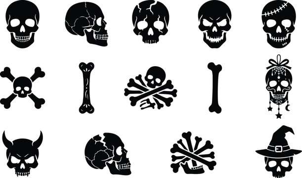 Black silhouette collection of skulls bones and halloween elements for spooky designs