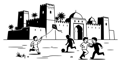 Children playing football and flying kite in front of desert fortress in line art style © Katarzyna