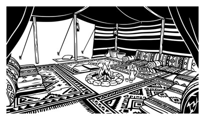 Interior of traditional bedouin tent with majlis seating and campfire in line art style © Katarzyna