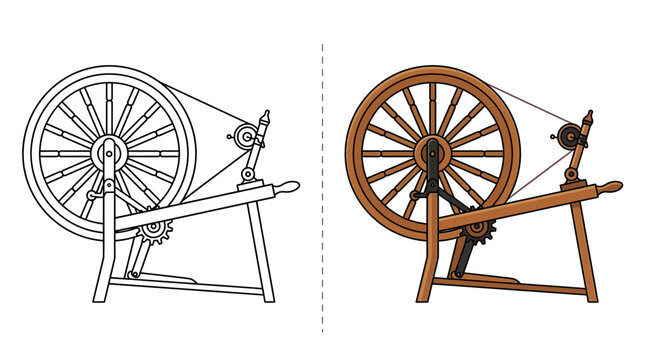 Vintage Spinning Wheel Illustration Line Art and Colored Version