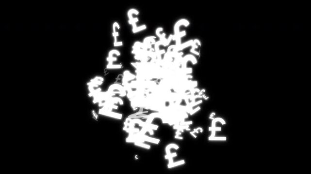 Uk money particle currency Icon glitter burst animation on black background, shiny 3d seamless animation with depth of field, bokeh and copy space, design, text, element, symbol alpha channel 4k
