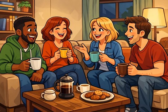 Group of Friends Enjoying Coffee and Conversation at Home &ndash; Cozy Social Gathering Illustration
