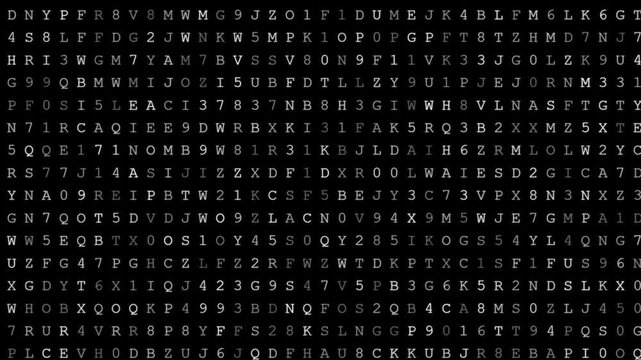 Abstract Digital Cybersecurity Data Stream of Random Alphanumeric Letters and Numbers on Black Background