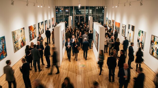 Blurred silhouettes of people walking and admiring artwork during an art gallery reception.