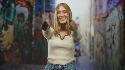 Fototapeta premium Woman giving thumbs up with visible thumbs and broad smile in a graffiti street alley wearing cream sweater and denim jeans, facing camera; happiness confidence.