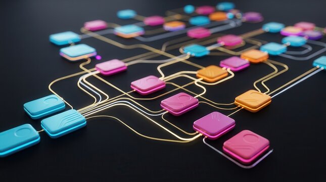 Git version control workflow diagram featuring branching, merging, and development cycles.
