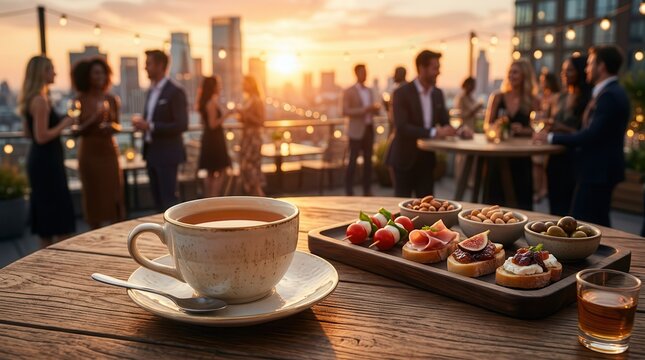 Close up of tea cups and snacks on a wooden desk in a relaxed afterwork setting.