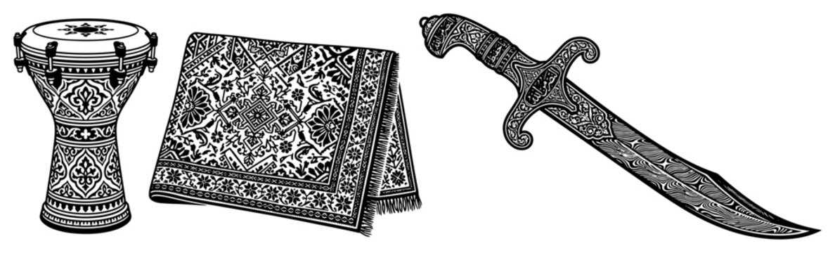Middle Eastern artifacts featuring darbuka drum patterned rug and curved dagger in linocut style