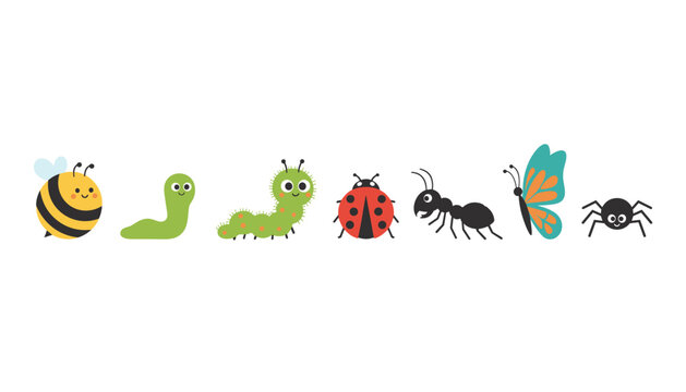Collection of cute cartoon insects including a bee, caterpillar, ladybug, ant, butterfly, and spider in a row.
