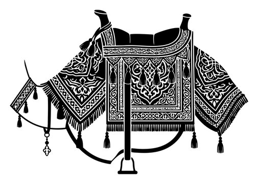 Ornate camel saddle with traditional embroidery and tassels in bold linocut style