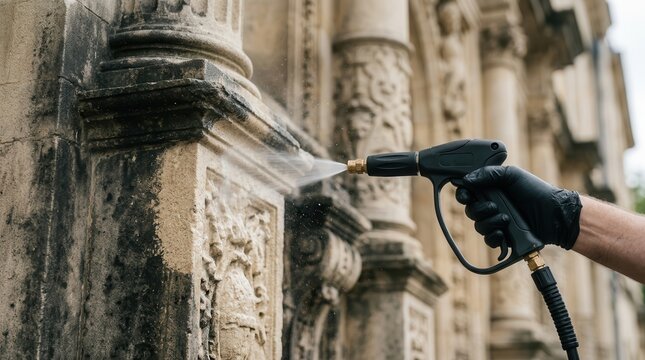 Aged limestone facade being cleaned with low pressure washing to remove accumulated soot.