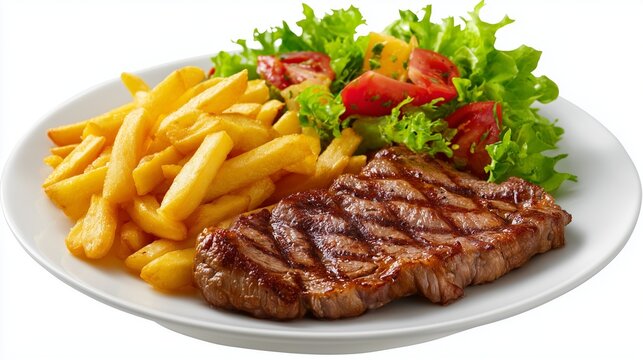A hearty platter featuring a charbroiled steak, accompanied by golden fries and garden greens
