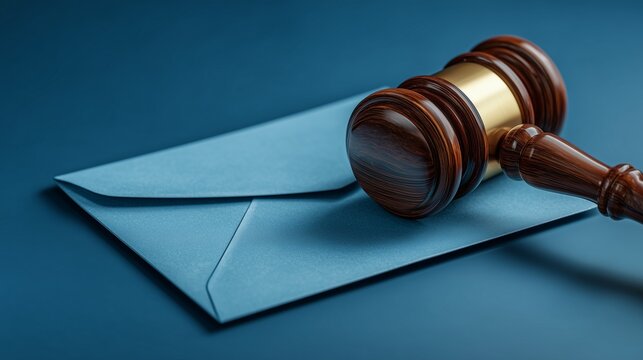 A judge's mallet made of wood, placed firmly on an unopened, officially sealed letter