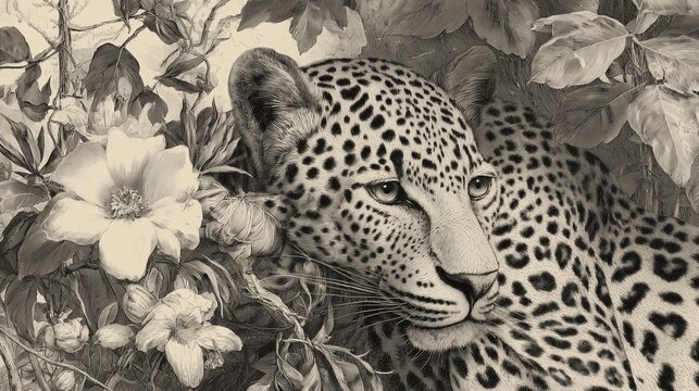 Vintage style engraving of leopard among flowers