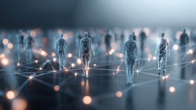 A worldwide digital web linking a vast crowd of human silhouettes across the globe