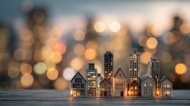 Small-scale timber homes glowing softly amid the blur of distant urban lights