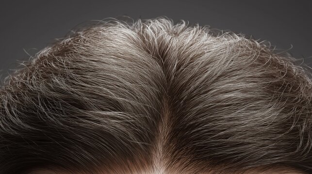 A highly detailed macro view showing the parting of clean brown and gray human hair strands