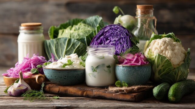 Fermented foods and vegetables on wooden table