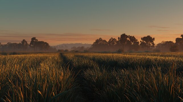 A scenic rural landscape showing a vast green and golden sugarcane agricultural field illuminated by the warm light of the rising sun, with trees in the background under a soft morning sky