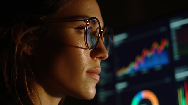 Woman trader analyzing stock market financial charts on screen close-up