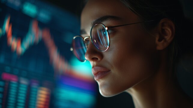 A focused female investor scrutinizing real-time stock charts and trading indicators on screen, captured in tight framing