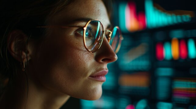 A woman professional closely examining stock market data and financial graphs on a monitor in a detailed close-up