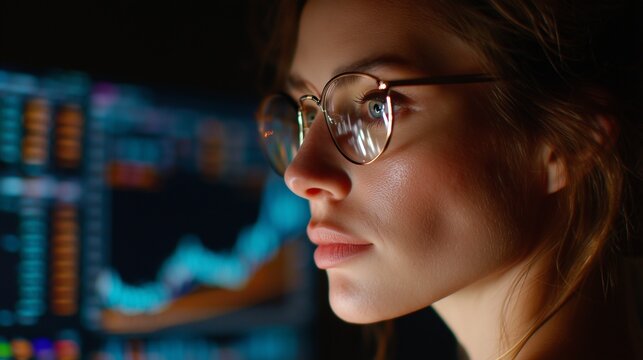 A close-up view of a female trader intently studying financial market charts displayed on a digital screen