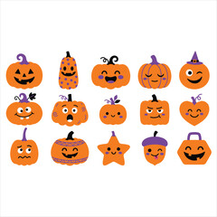 Fototapeta premium Set of cute cartoon halloween pumpkins with various funny faces and shapes