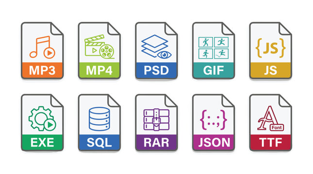 Set of file format icons. digital document symbols with music, video, image, code, database, archive, font types.