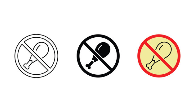 Forbidden chicken leg symbol in three distinct styles including outline solid and color for dietary restrictions or no meat signs on white background for health food projects