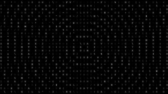 Abstract Digital Matrix Code Background With Flickering White Alphanumeric Characters And Data Stream On Dark Screen