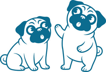 Naklejka premium Two cute blue line pug featuring a sitting dog and a standing dog waving its paw for pet shop or veterinary clinic branding