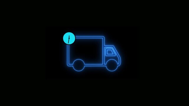 Neon truck icon, glowing blue delivery van, green background, transportation symbol, logistics sign. 4k animation video