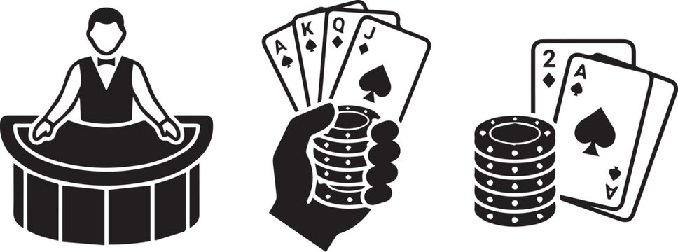 Casino dealer holding cards with poker chips on table. Casino gambling scene featuring stacked poker chips and playing cards in a professional sett...