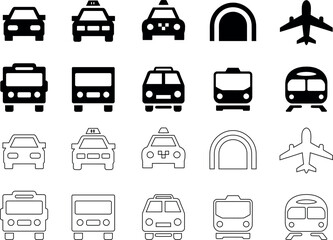 Collection of various transportation icons including cars buses taxis trains airplanes and tunnels © md manik hossain