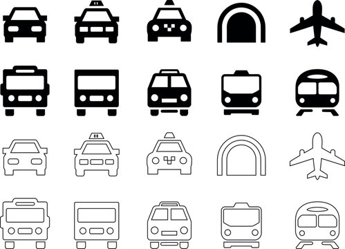 Collection of various transportation icons including cars buses taxis trains airplanes and tunnels