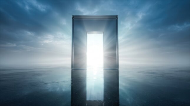 Reflections in a serene environment highlighting an abstract portal to light and modern architecture.