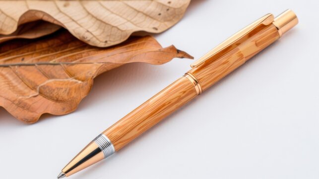 A sleek modern ballpoint pen made from recycled cigarette filters, resting next to purified celulose acetate material, eco innovation