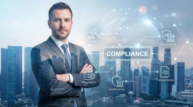 Professional businessman silhouette with double exposure of a city skyline and global compliance network.
