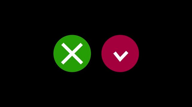 Check mark and cross icon ideal for concept approval or rejection white color animation. Black background 4k video.