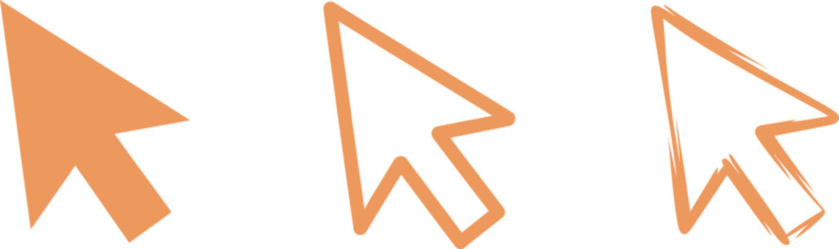 Three orange computer mouse cursor pointer with solid outline and sketchy artistic styles for digital web interface usage
