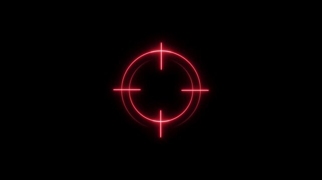 Target icon red color animation. Abstract neon bright military training, military target icon moving concept. Black background 4k video.