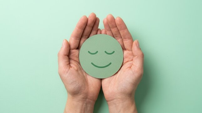Hands protecting a green happy face paper cutout representing mental health and wellness.