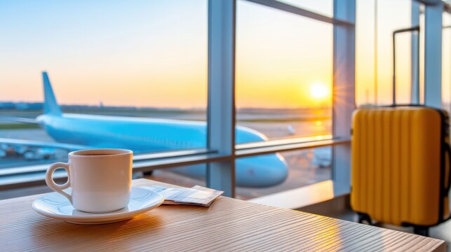 airport lounge at sunrise with suitcase near panoramic window, airplanes outside, coffee cup and boarding pass, exciting travel atmosphere
