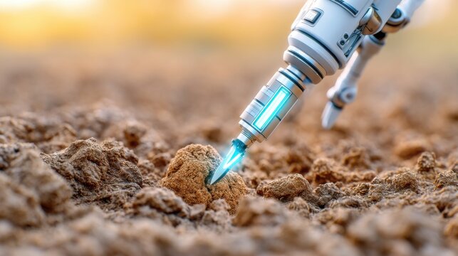 Close up of a robotic soil probe entering dry earth, integrated glowing blue bio sensor, white minimalist hardware, natural sunlight, concept