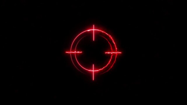 Target icon red color animation. Abstract neon bright military training, military target icon moving concept. Black background 4k video.