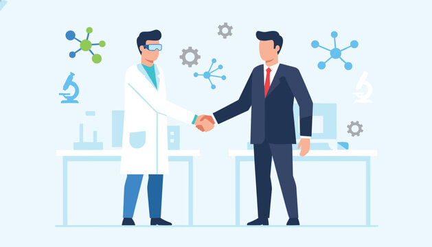 Scientist in white lab coat shaking hands with a businessman in a suit near molecular structure scientific graphics.