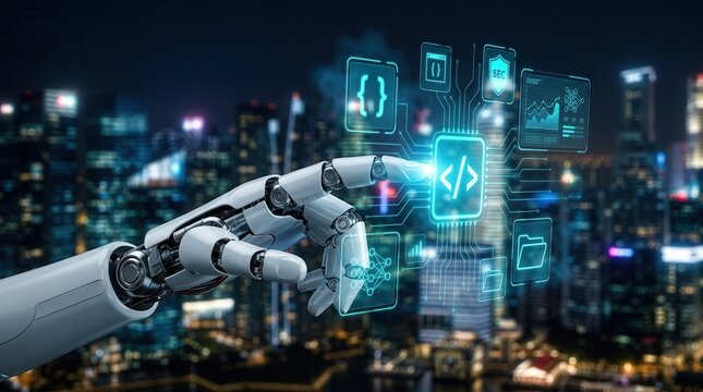 Digital technology icons and automation concepts represented by a futuristic robot hand interacting with a high-tech interface.