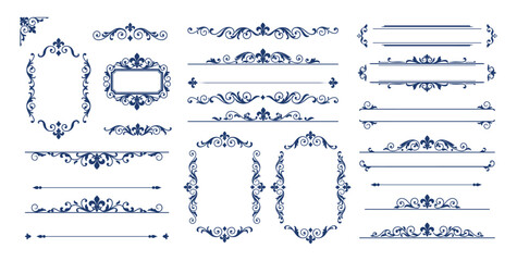 Collection of elegant ornate decorative blue graphic elements with symmetrical scrollwork and fleur de lis motifs for design accents © Tonmay Sharma